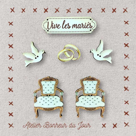 Decorative wooden button in pouch "Long live the bride and groom" Atelier Bonheur du jour