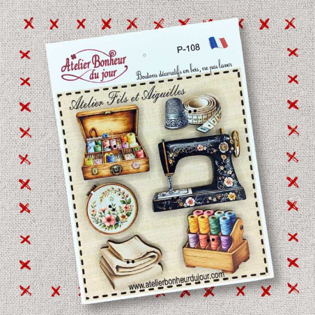 Decorative wooden button in pouch "Thread and needle workshop" Atelier Bonheur du jour
