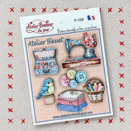 Decorative wooden button in pouch "Bleuet workshop" Atelier Bonheur du jour