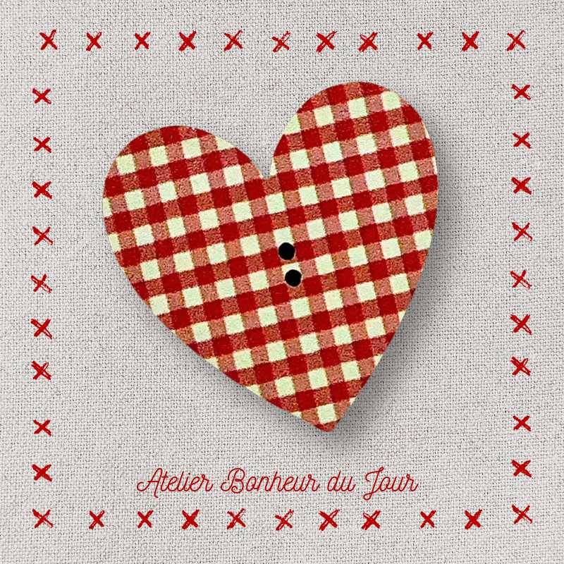 Decorative wooden buttons "Red gingham heart” Atelier bonheur du jour