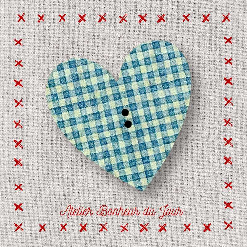 Bouton décoratif en bois "Coeur vichy bleu" Atelier Bonheur du Jour