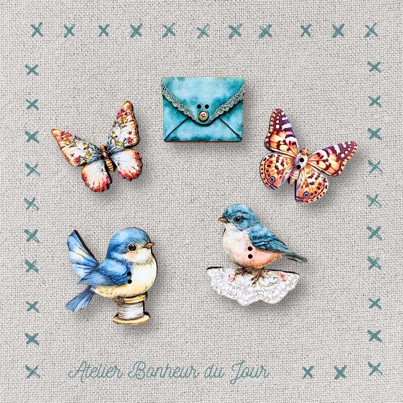 Decorative wooden buttons "The little wings" Atelier Bonheur du jour
