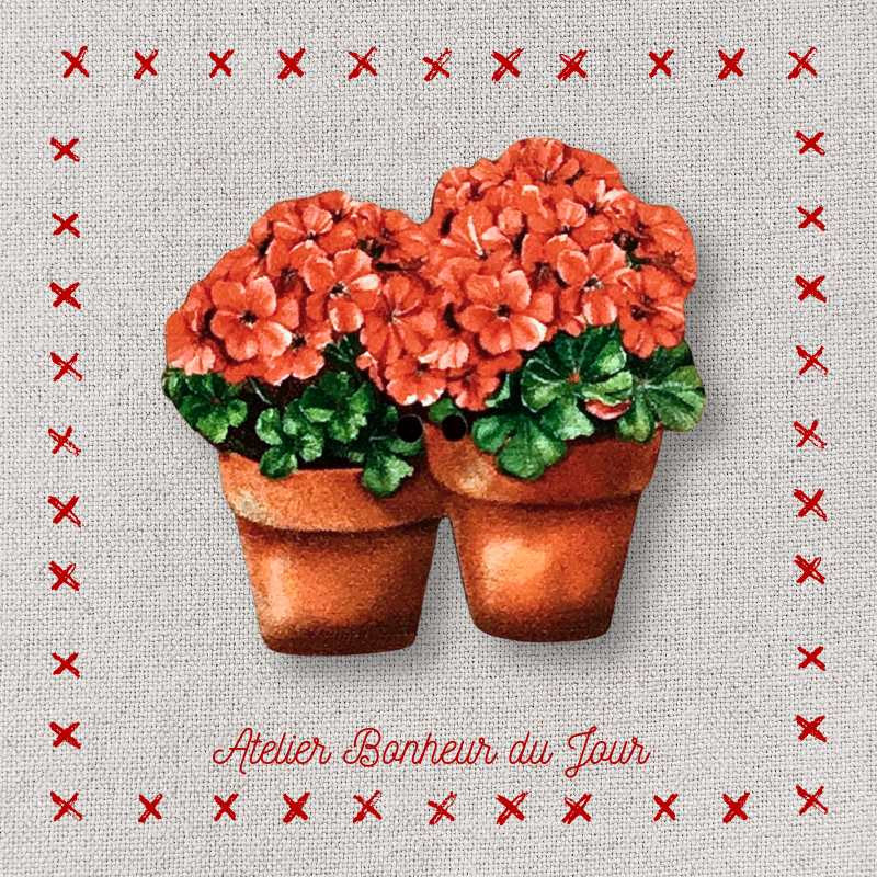 decorative wooden button "Geranium flower pots" Atelier Bonheur du jour
