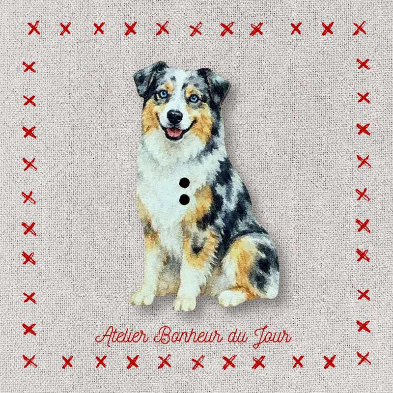 Decorative wooden button “Australian Shepherd - blue merle” Atelier Bonheur du jour