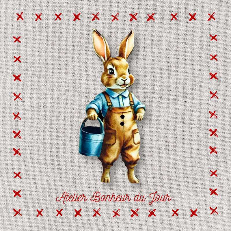 Bouton décoratif en bois "Gaston le lapin jardinier" Atelier Bonheur du jour