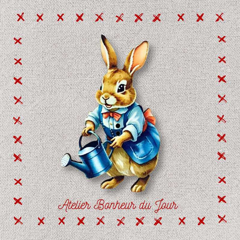 Decorative wooden button "Suzanne the gardening rabbit" Atelier bonheur du jour