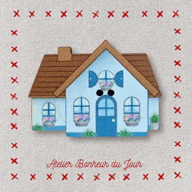 Decorative wooden button "Blue house" Atelier bonheur du jour