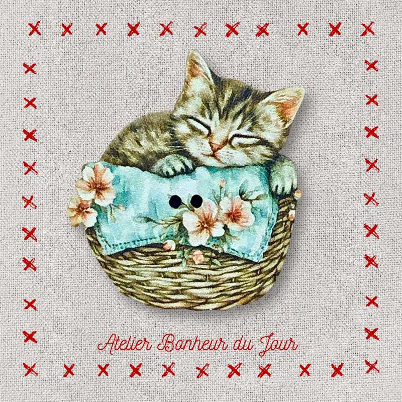 Bouton décoratif en bois "Milo le chaton rêveur" Atelier Bonheur du jour
