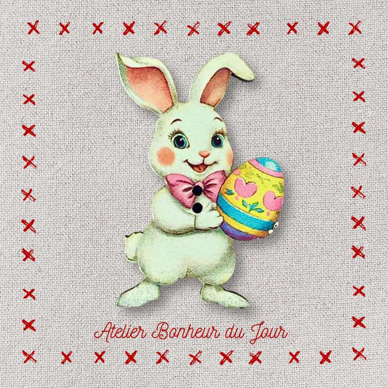 Decorative wooden button "White rabbit-vintage easter" Atelier bonheur du jour