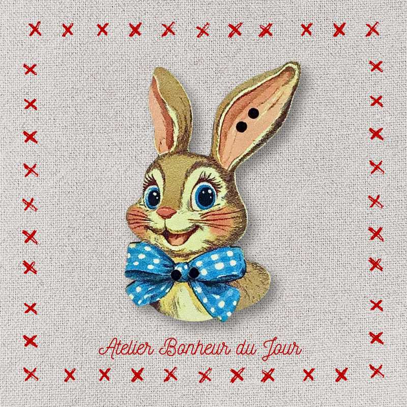 Decorative wooden button "Chic rabbit with a blue bow" Atelier bonheur du jour