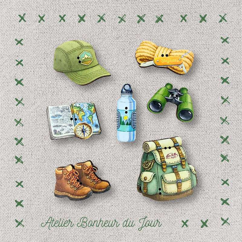 Decorative wooden button in pouch "Mountain hiking" Atelier Bonheur du jour