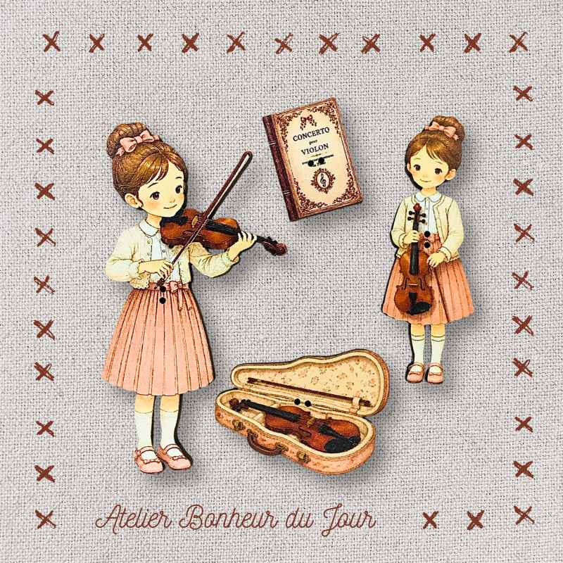 Decorative wooden button in pouch "Little Violinist" Atelier Bonheur du jour