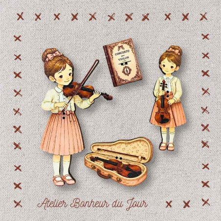 Pochette boutons décoratifs en bois "Petite Violoniste" Atelier Bonheur du jour