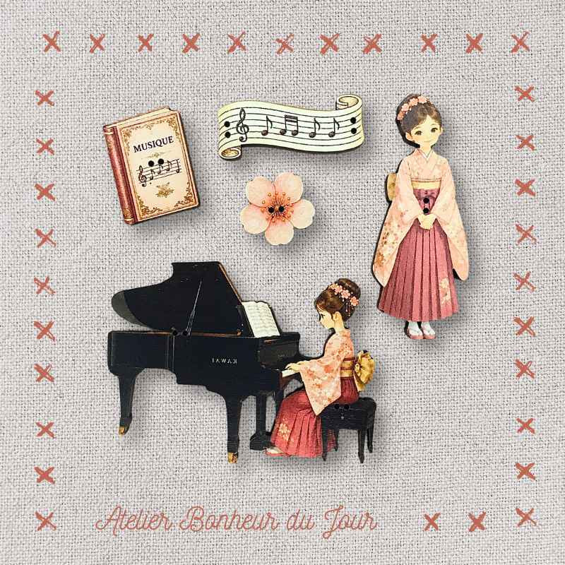Decorative wooden button in pouch "Little Pianist" Atelier Bonheur du jour
