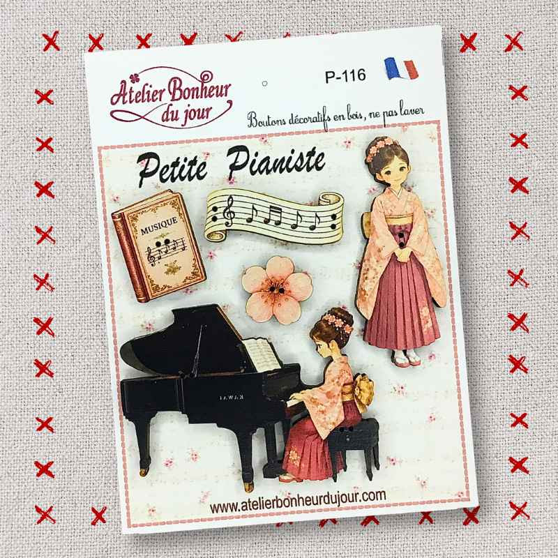 Decorative wooden button in pouch "Little Pianist" Atelier Bonheur du jour