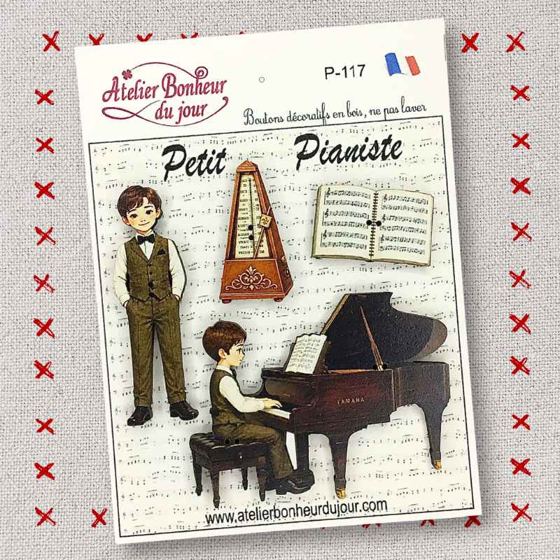 Decorative wooden button in pouch "Little Pianist" Atelier Bonheur du jour