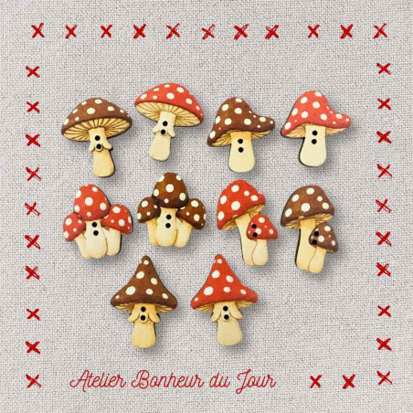 Boutons bois en pochette - Les champignons