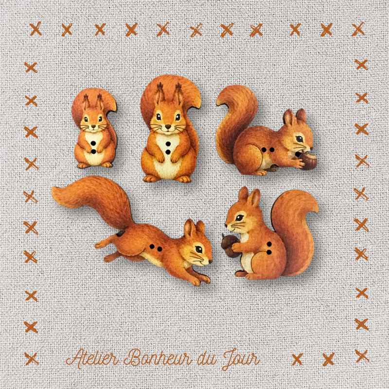 Decorative wooden buttons "The squirrels" Atelier Bonheur du jour