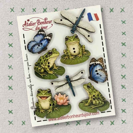 boutons décoratifs en bois "Libellules et grenouilles" Atelier Bonheur du jour