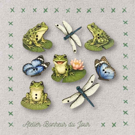 boutons décoratifs en bois "Libellules et grenouilles" Atelier Bonheur du jour