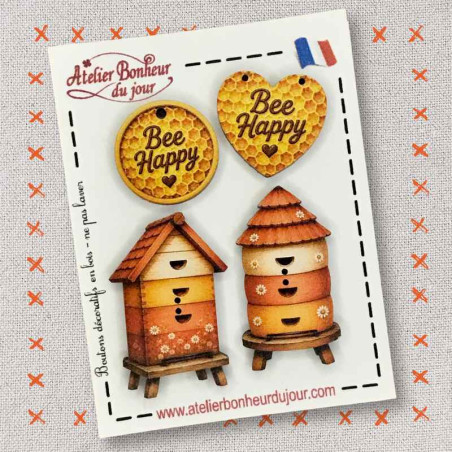 Decorative wooden buttons "Bee happy" Atelier Bonheur du jour