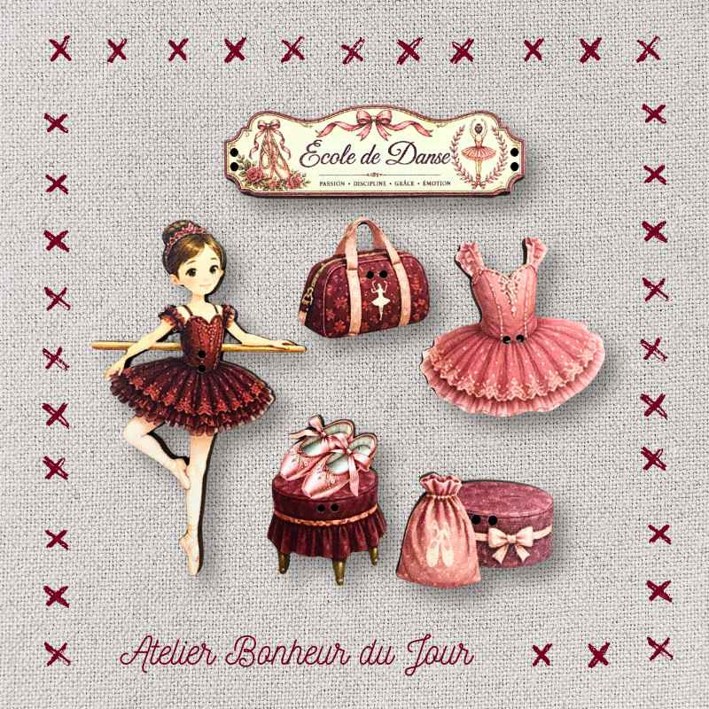 Pochette boutons décoratifs en bois "L'Elégance de la Danse" Atelier Bonheur du jour