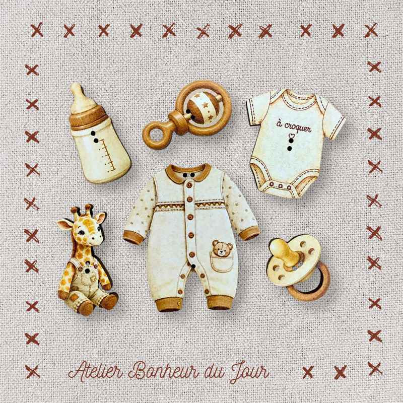 Decorative wooden button in pouch "Adorable baby" Atelier Bonheur du jour
