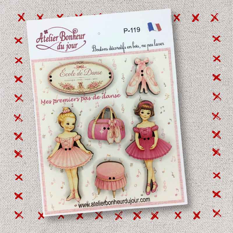 Pochette boutons décoratifs en bois "Mes premiers pas de Danse" Atelier Bonheur du jour