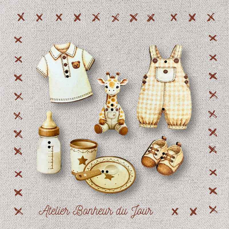 Pochette boutons décoratifs en bois "Petit bébé devient grand" Atelier Bonheur du jour