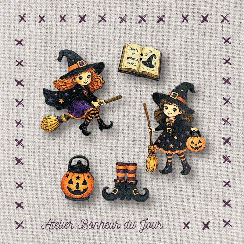 Pochette boutons décoratifs en bois "Mes sorcières bien-aimées" Atelier Bonheur du jour