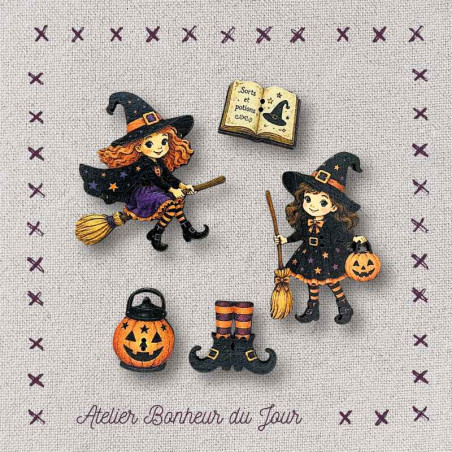 Pochette boutons décoratifs en bois "Mes sorcières bien-aimées" Atelier Bonheur du jour