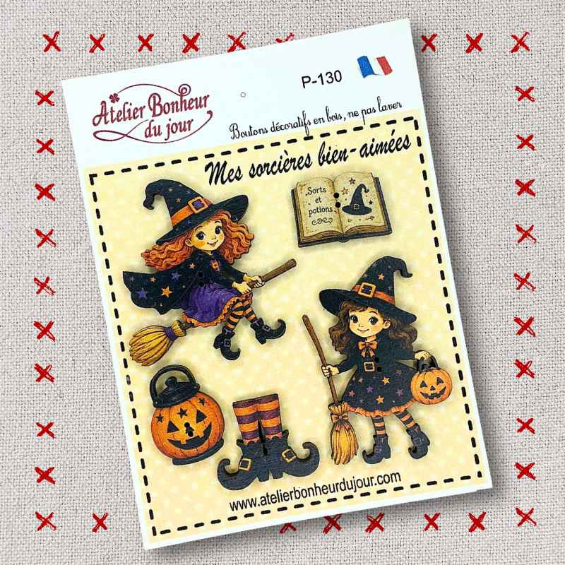 Pochette boutons décoratifs en bois "Mes sorcières bien-aimées" Atelier Bonheur du jour